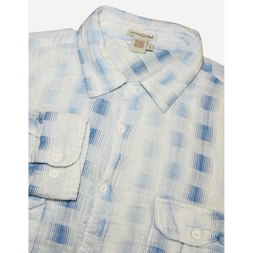 Carbon 2 Cobalt Mens Large Long Sleeve Button Up Shirt Blue White Plaid Casual